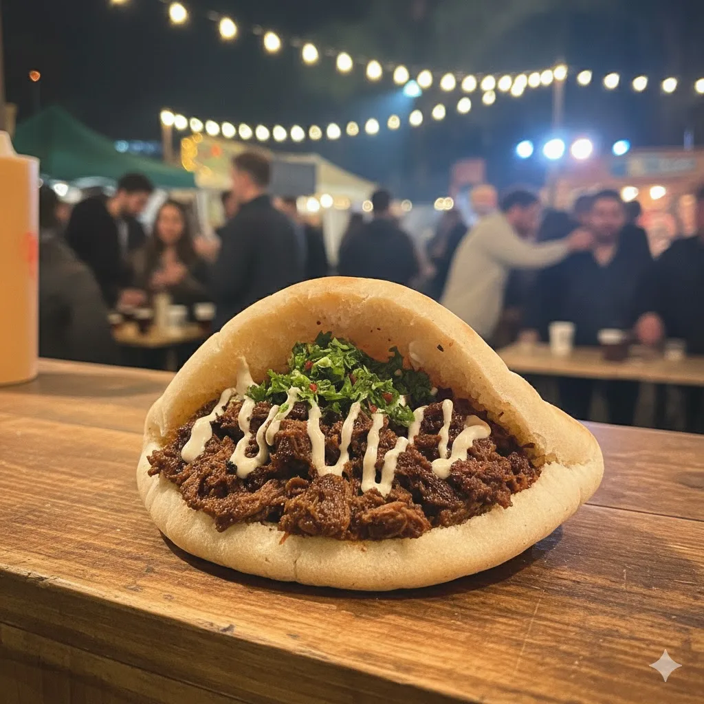עמדת בשר שוק בפיתה צרובה של טרפת אירועים עם בשר נצלה על הגריל