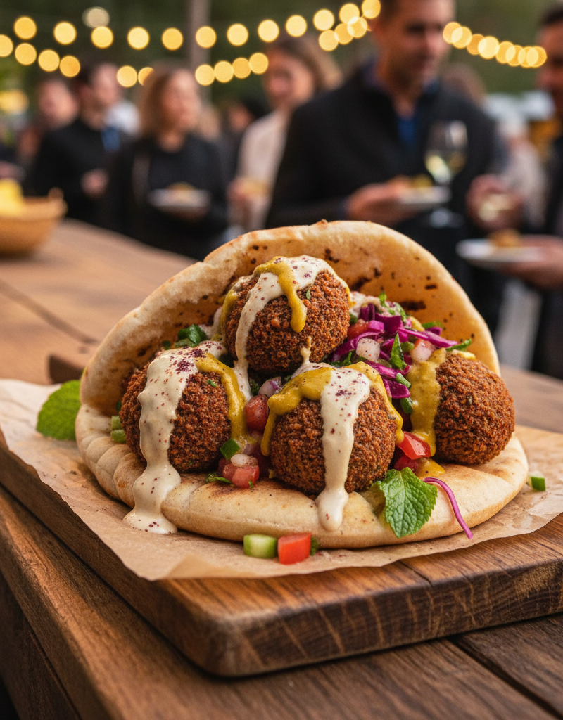 דוכן מעוצב של שיגעון של קראנץ' עם פיתות זעתר פריכות וכדורי פלאפל ירוקים