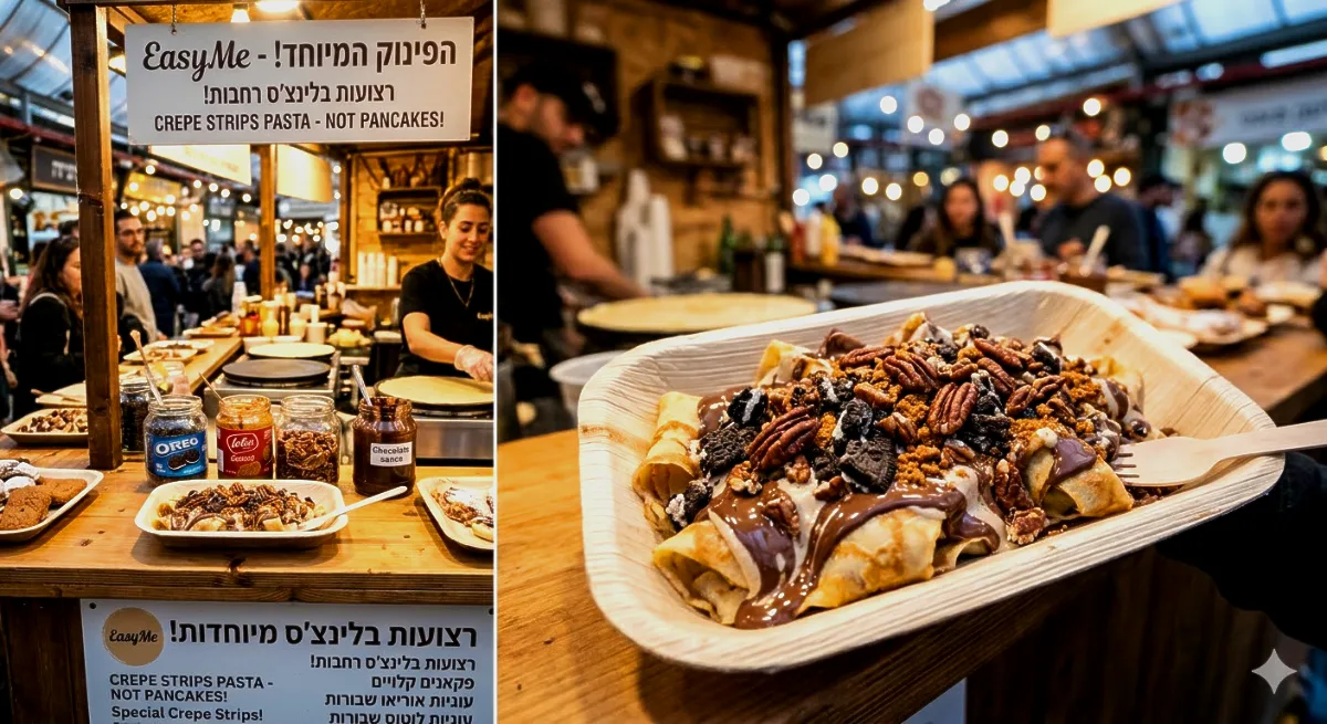 צוות טרפת אירועים מכין רצועות בלינצ'ס חמות עם רטבים מיוחדים בעמדת ספירלונה מתוקה